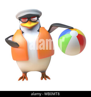 3d penguin sailor captain character playing with a beach ball, 3d illustration render Stock Photo