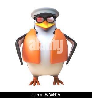 3d penguin sailor captain standing ship shape and ready, 3d illustration render Stock Photo