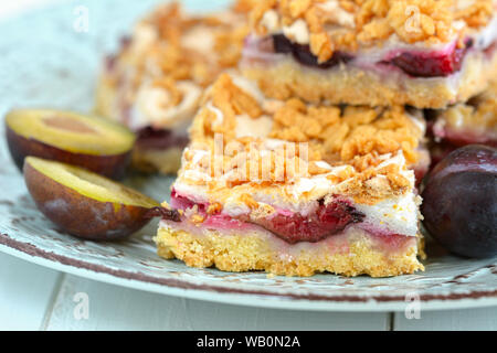 Plum cake. Homemade shortcrust pastry with purple plums. Stock Photo