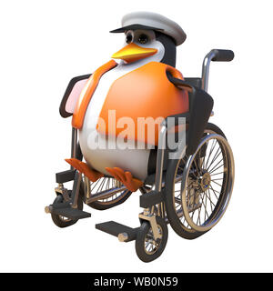 3d penguin sailor captain character using a wheelchair for mobility, 3d illustration render Stock Photo