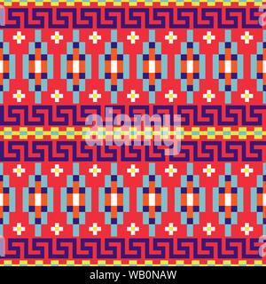 Folk geometric seamless red pattern with meander border shapes texture. Stock Vector