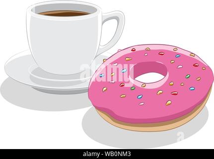 Vector Illustration of Strawberry Doughnut and Coffee Cup Breakfast isolated on a white background Stock Vector
