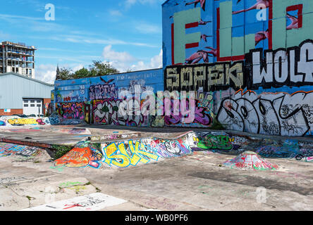 graffiti covered vandalised abandoned skatepark, in the city centre of liverpool, england, britain, uk. Stock Photo