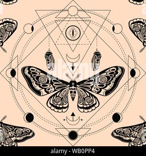 Night moth, butterfly pupa. Sacred geometry, esoteric symbols. Vector illustration. Seamless pattern Stock Vector