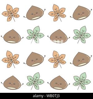 cute fall autumn seamless vector pattern background illustration with cartoon chestnut and leaves Stock Vector