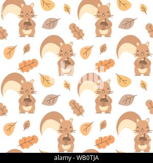cute seamless vector pattern background illustration with cartoon squirrels and autumn leaves Stock Vector