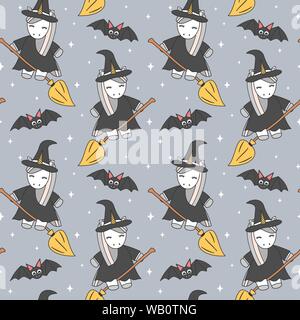 cute cartoon unicorn witch flying on broom and bats halloween seamless vector pattern background illustration Stock Vector