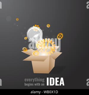 Everything begins with a creative idea poster, cute vector cartoon illustration for web and print. Box with gears, light bulb and bokeh lights, innova Stock Vector
