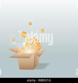 Everything begins with a creative idea poster, cute vector cartoon illustration for web and print. Box with gears bokeh lights, innovation smart inspi Stock Vector