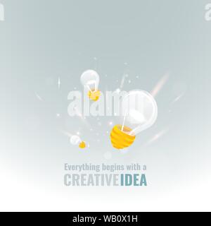 Everything begins with a creative idea poster, cute vector cartoon illustration for web and print. Light bulb and bokeh lights, innovation smart inspi Stock Vector