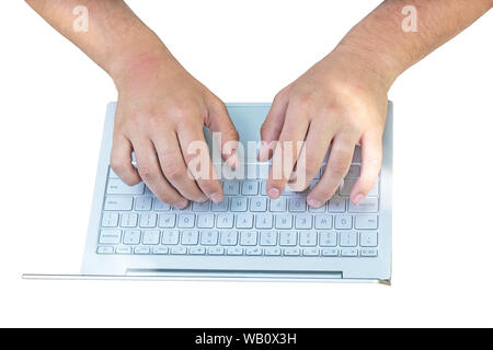 male hand typing on keyboard top view. business, education, people and technology concept - close up of men hands with laptop computer Stock Photo