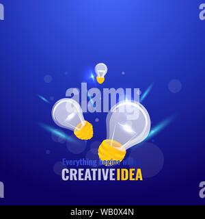 Everything begins with a creative idea poster, cute vector cartoon illustration for web and print. Light bulb and bokeh lights, innovation smart inspi Stock Vector