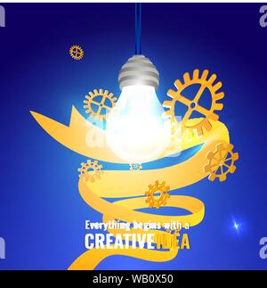 Everything begins with a creative idea poster, cute vector cartoon illustration for web and print. Lamps with gears and lights,  innovation light bulb Stock Vector