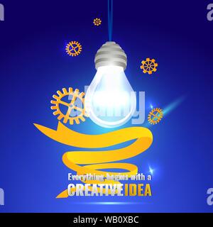 Everything begins with a creative idea poster, cute vector cartoon illustration for web and print. Lamps with gears and lights,  innovation light bulb Stock Vector