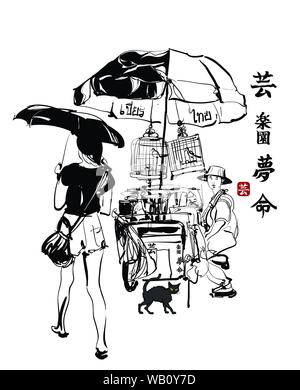 Vector illustration of a street seller in Bangkok -  Chinese characters up to bottom ART PARADISE (2 characters) DREAM LIFE Same characters on the car Stock Vector