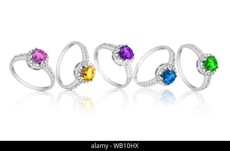 Silver rings with color stones isolated on white background Stock Photo