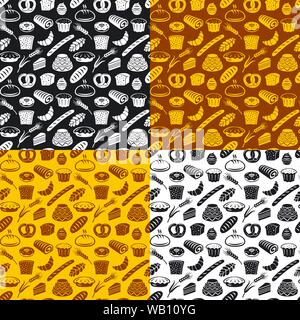 illustration of seamless pattern of different kind of bread and bakery. Includes four different patterns in the swatches. Stock Vector