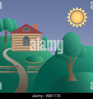 Wooden house by beautiful summer scenery. Colorful illustration. Vector EPS10 Stock Vector