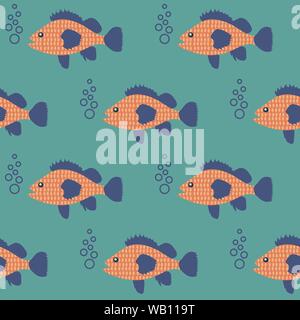 Seamless pattern with fish swimming in the sea. Design for wallpaper, gift paper, pattern fills, web page background, greeting cards. Stock Vector