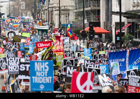 CND’s (Campaign For Nuclear Disarmament), Stop Trident national demo, moving along Piccadilly, marched went from Marble Arch to Trafalgar Square where Stock Photo
