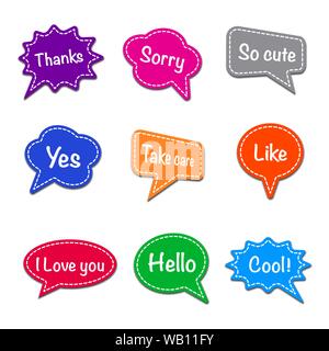 set of bubbles speech with short message, text space with dash line vector, colorful chat stickers Stock Vector