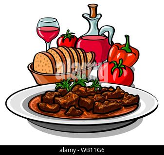 illustration of traditional goulash meat dish in plate with vegetables and wine Stock Vector