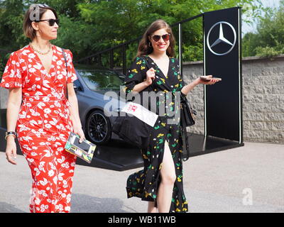 MILAN, Italy: 19 september 2018: Fashion bloggers in street style outfits after Alberto Zambelli fashion show during Milan fashion week Fall/winter 20 Stock Photo