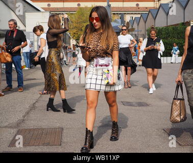 MILAN, Italy: 19 september 2018: Fashion blogger in street style outfit after Alberto Zambelli fashion show during Milan fashion week Fall/winter 20 Stock Photo