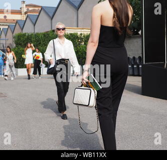 MILAN, Italy: 19 september 2018: Fashion bloggers in street style outfits after Alberto Zambelli fashion show during Milan fashion week Fall/winter 20 Stock Photo