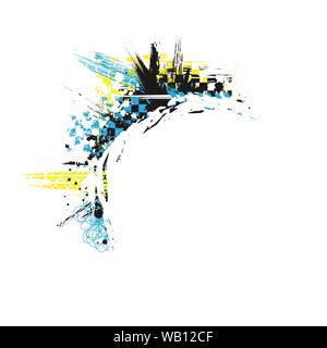 Color grunge square frame with blue and yellow race elements Stock Vector