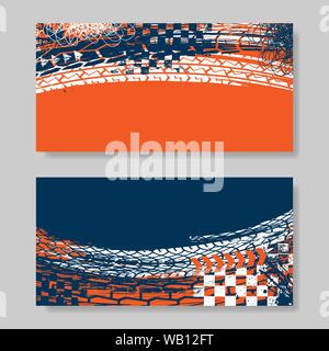 Set of two rectangle banners with red, blue and white ink blots and tire tracks Stock Vector