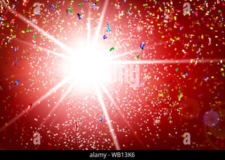Abstract background sky burst with fractal of the rainbow ribbon explode and snow falling on lighting effect and red background for happy time and cel Stock Vector