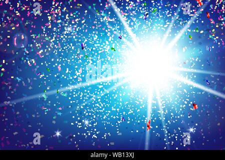 Abstract background sky burst with fractal of the rainbow ribbon explode and snow falling on lighting effect and blue background for happy time and ce Stock Vector