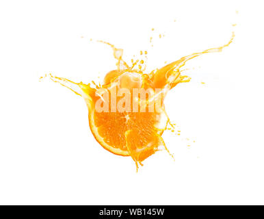Fresh slide half of ripe orange fruit with orange juice splash water isolated on white background Stock Photo