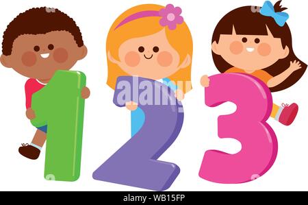 School Children holding colorful numbers. Boys and girls students and numbers 123. Vector illustration Stock Vector