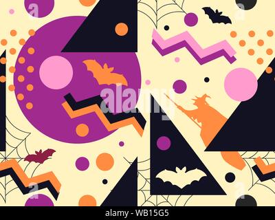 Halloween memphis seamless pattern. Geometric shapes and holiday symbols, icons. Modern trendy background for promotional products, wrapping paper and Stock Vector
