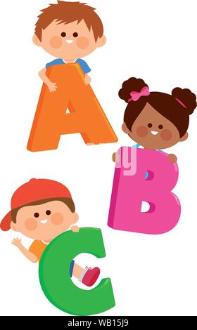 School children holding colorful letters. Boys and girls students and letters ABC. Kids learn to read. Vector illustration Stock Vector