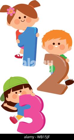 Children holding cartoon colorful numbers. Vector illustration Stock Vector