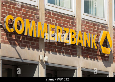 Stade, Germany - August 22, 2019: Commerzbank signage above branch entrance. Stock Photo