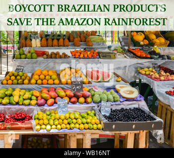 Boycott Brazilian Products message to save the Amazon rainforest from destruction with tropical fruits in the background Stock Photo