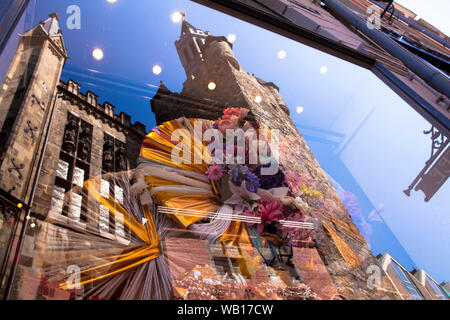 the Granus tower is reflected in a shop window, Aachen, North Rhine-Westphalia, Germany.  der Granusturm spiegelt sich in einem Schaufenster, Aachen, Stock Photo
