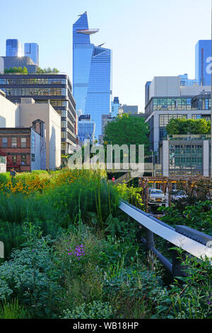 NEW YORK CITY, NY -11 AUG 2019- View of the High Line, an elevated green urban park running along old rail track lines in lower Manhattan, New York Ci Stock Photo