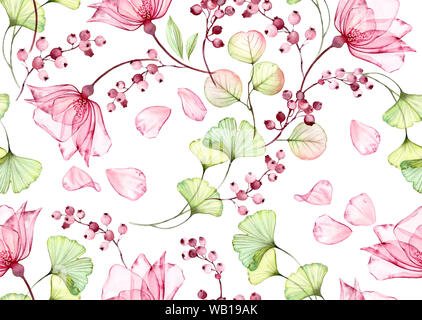Transparent watercolor rose. Seamless floral pattern. Isolated hand drawn with flying petals of flowers, eucalyptus and berries for wallpaper design Stock Photo
