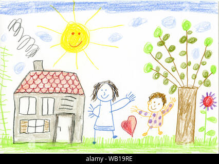 Child's drawing, happy mother and child in garden Stock Photo