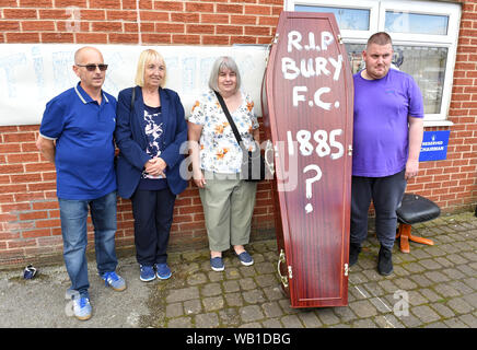 Bury fans deliver a symbolic coffin reading 'R.I.P Bury F.C. 1885 ?' at Gigg Lane, home of Bury FC. Stock Photo