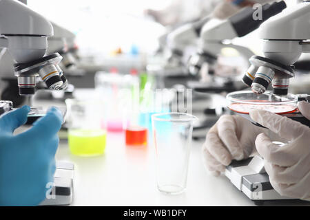 Many microscopes in forensic science laboratory Stock Photo