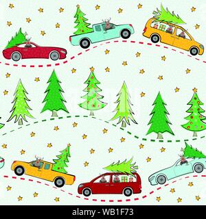 Funky multicolor winter landscape with cartoon reindeer, cars, Christmas trees and stars. Seamless vector pattern on light textured background. Great Stock Vector