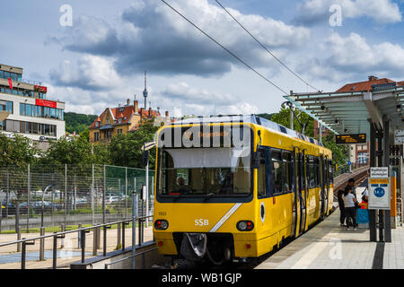 Stuttgart, Germany, August 16, 2019, Yellow train of cog railroad called zacke at station in marienplatz waiting for next run up to degerloch televisi Stock Photo
