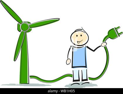 stickman character standing next to wind turbine, green renewable energy concept vector illustration Stock Vector