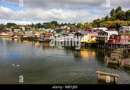 Houses in castro on Chiloe island Chile known as palafitos Stock Photo
